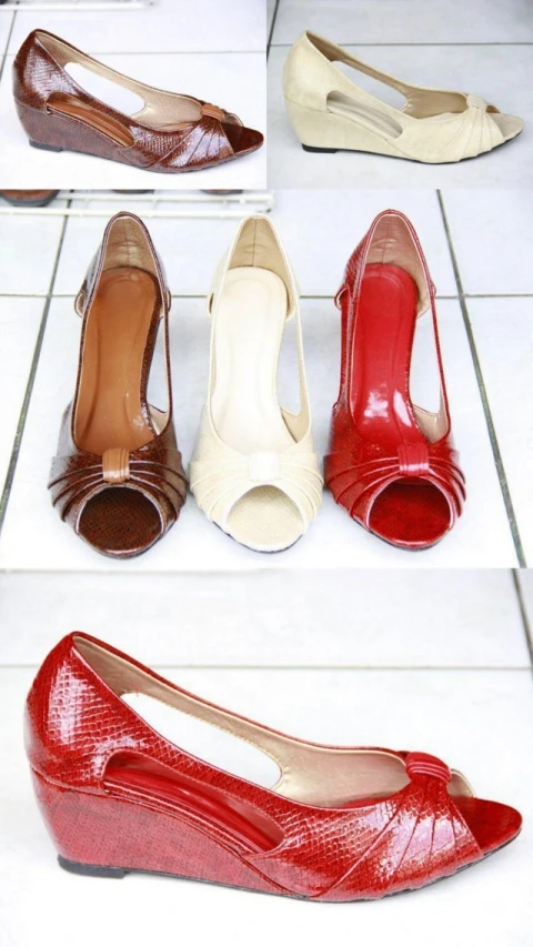 four different pictures of a women's shoes