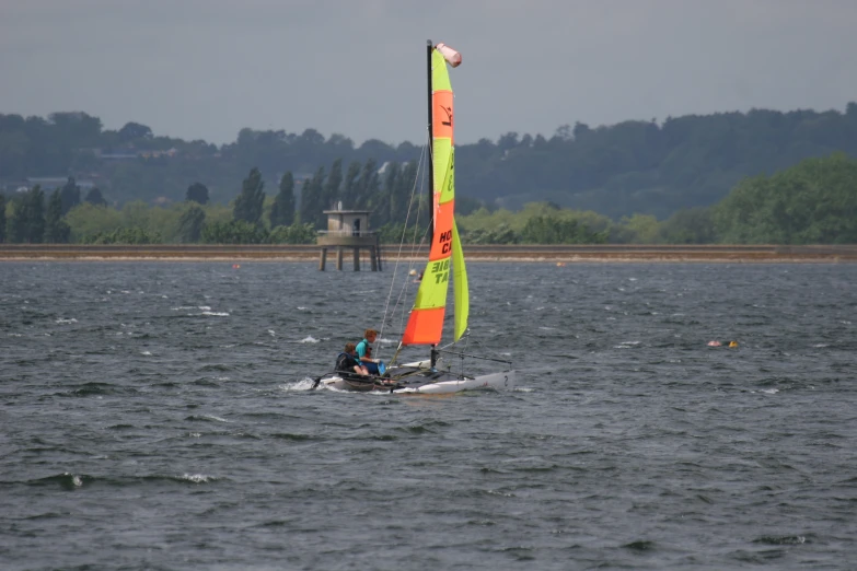 a man in the water sails a sailboat with another person