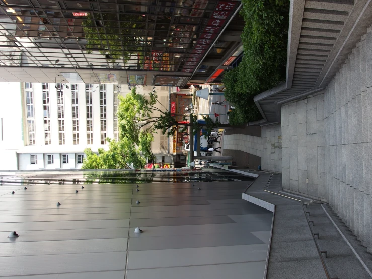 a set of stairs leads up to a tall building