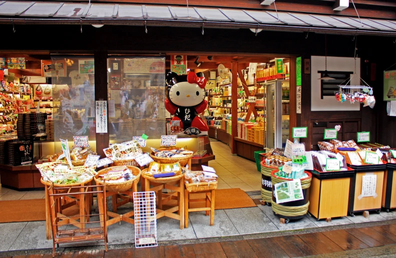 an exterior view of a grocery store with cartoon characters on display