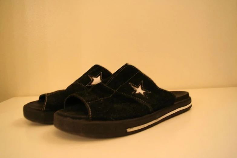 a pair of black and white sneakers on white table