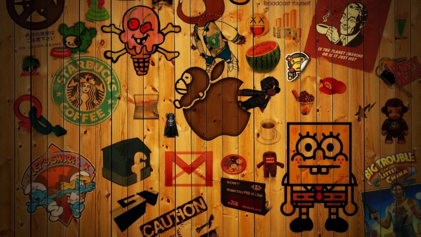 a background of a wood plank wall with different stickers and designs