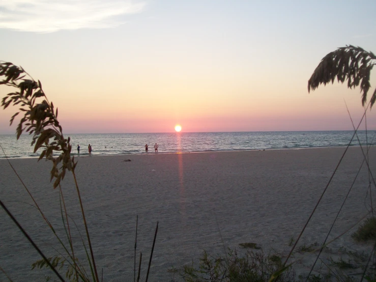 people are in the distance walking along a beach as the sun sets