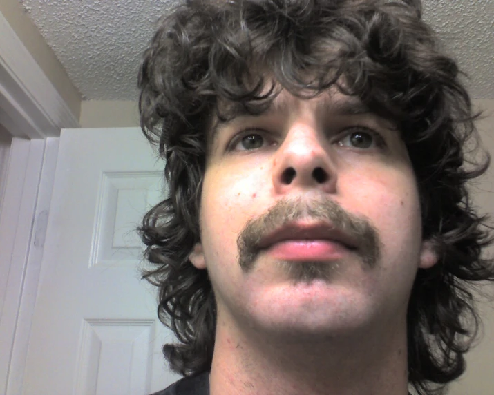 the face of a man with curly hair and a moustache