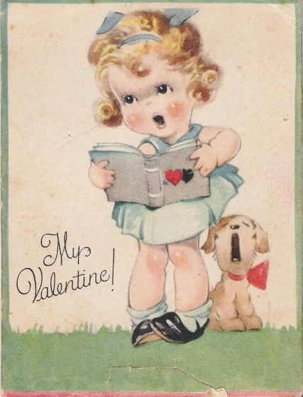 an old valentine card features a little girl reading a book