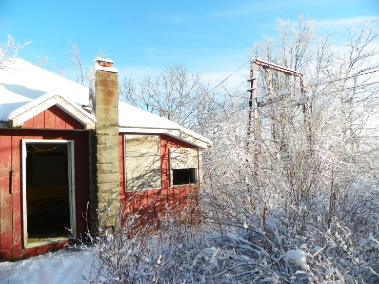 a small red cottage is standing among a snowy forest