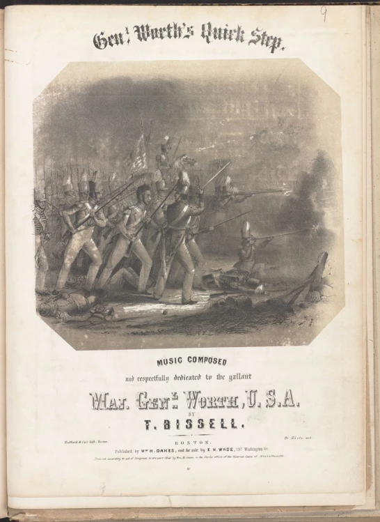 a book that contains a drawing of a group of men standing in front of a battle