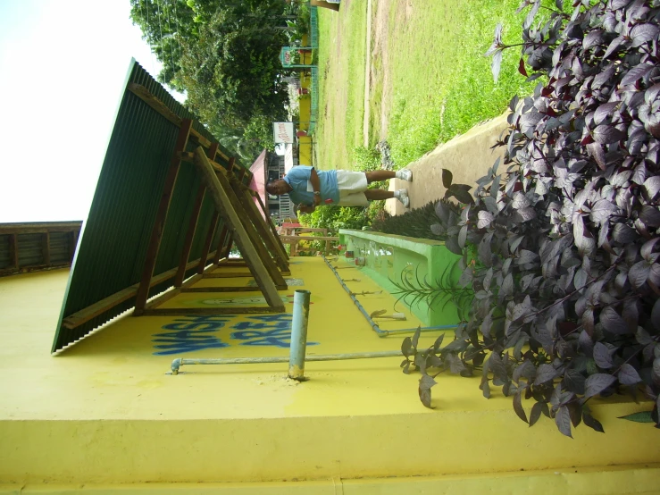 a green bench under an umbrella next to plants