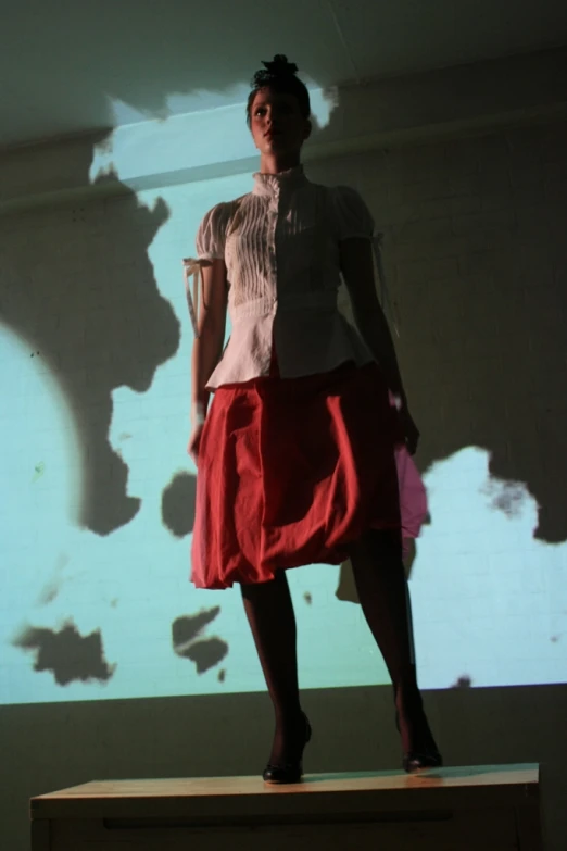 a woman is standing in front of a projected object