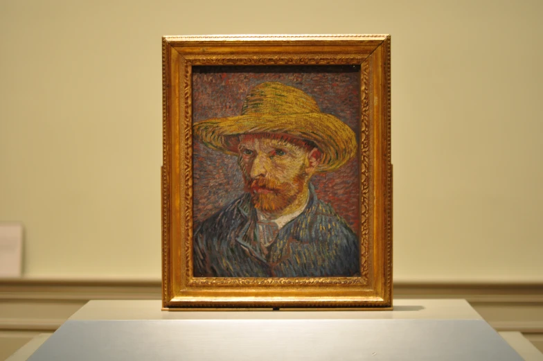 a painting with a mustache wearing a yellow hat