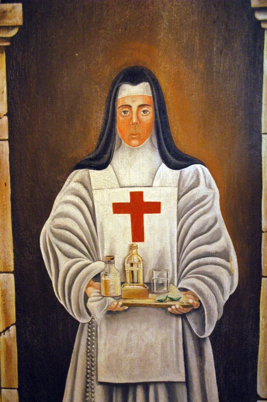 a painting of a nun holding a tray of food and an object on it