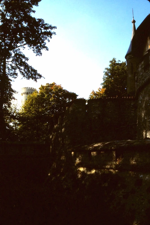 the ruins of an old castle are surrounded by greenery