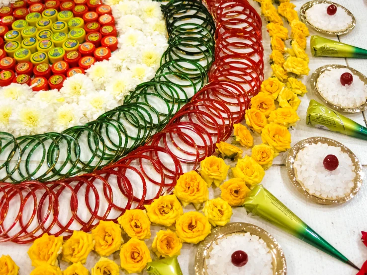 many decorative items displayed on a white table