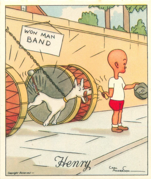 a cartoon depicting a man looking at a man with a white dog