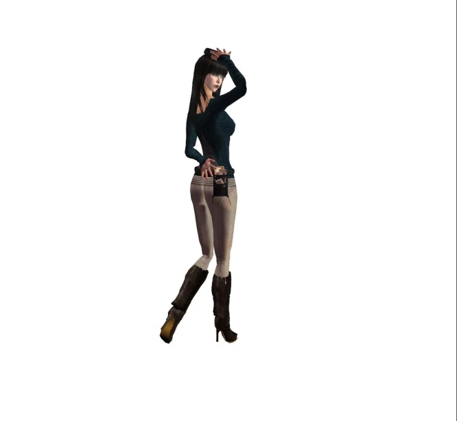 a woman in black top and tan pants with boots on