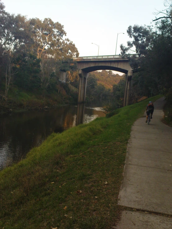 a person on a bicycle rides near the river