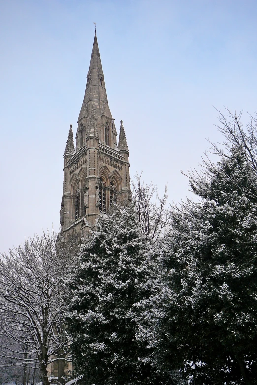 snow surrounds a tall tower that stands in front of bare trees