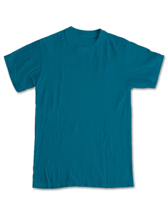 a turquoise plain t - shirt with a small green patch on the left side