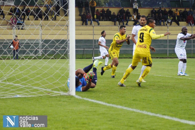 soccer players collide at the goal during a game