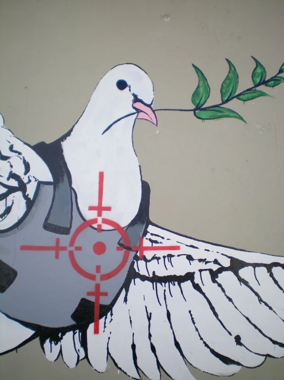 a mural depicting a pigeon with guns in its beak