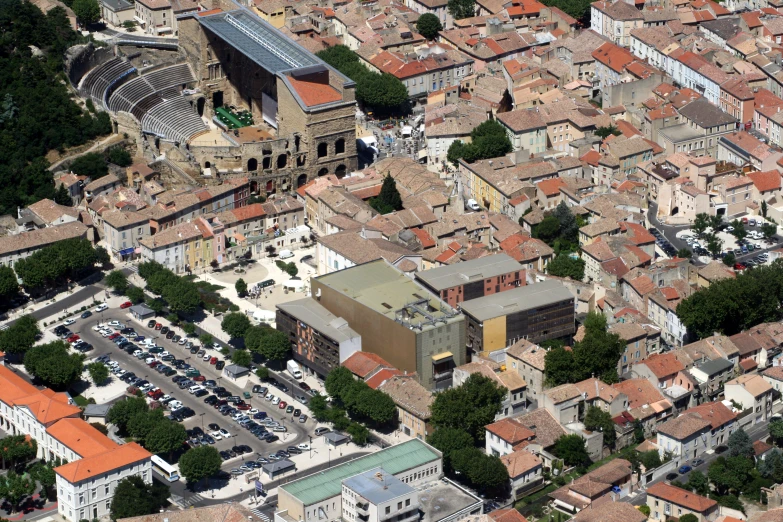 a view of a city from above with lots of buildings