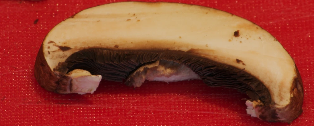 a banana with brown spots is shown on a red table