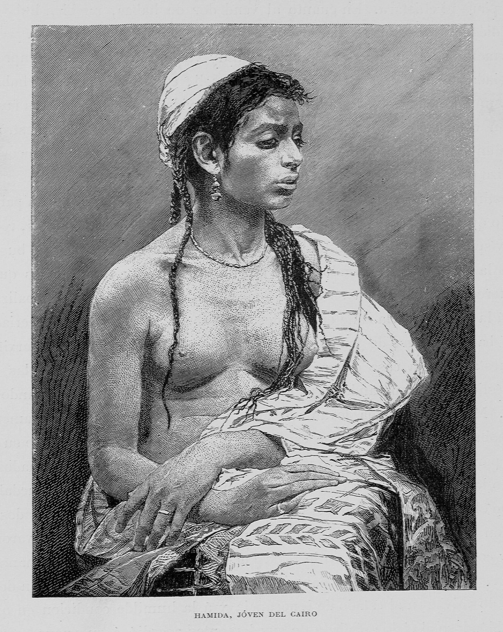 an old black and white engraving of a woman