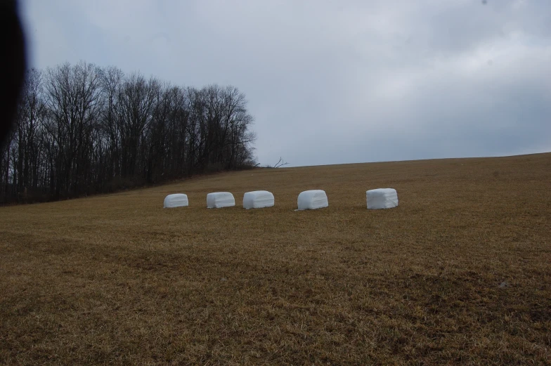 several bales in a grassy field on the side of a hill