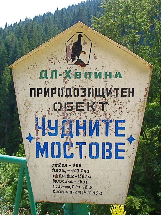 there is an old rusted sign near many trees