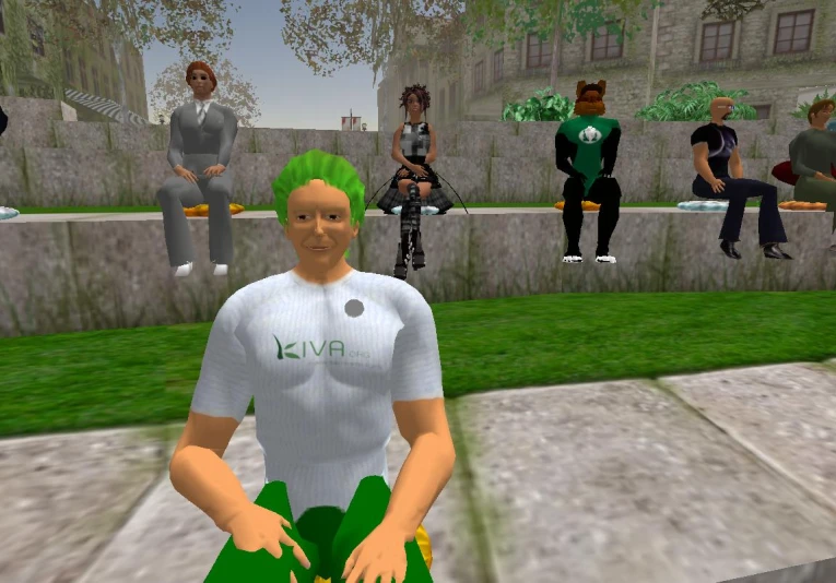 virtual female sitting on a rock in a green outfit