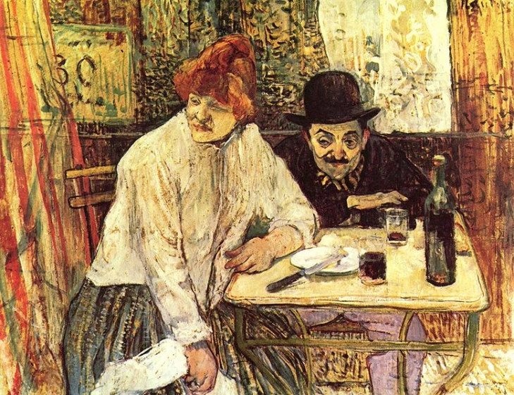 a painting of a man and woman sitting down at a dinner table
