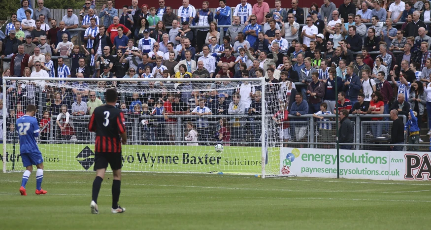 two soccer players standing near the goal during a game