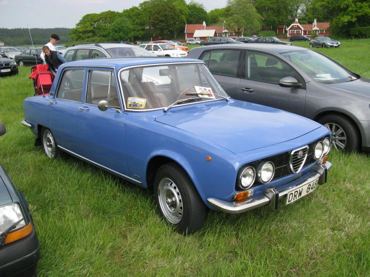 several cars parked on grass in a park