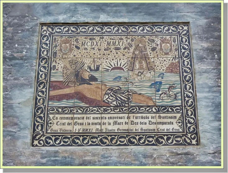 a tile with images in the center and some writing on it