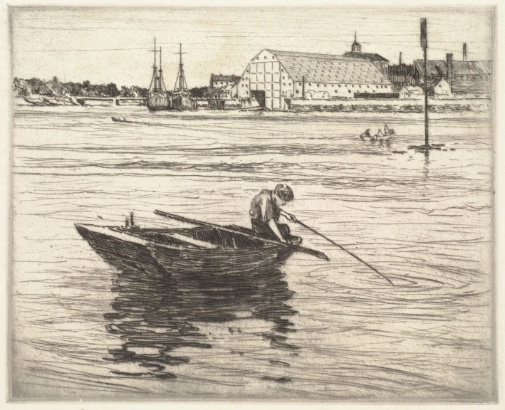 an old drawing of a man on a rowboat in the ocean