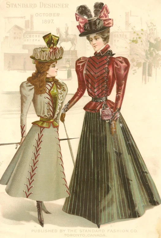 a couple of ladies wearing vintage clothes walking together