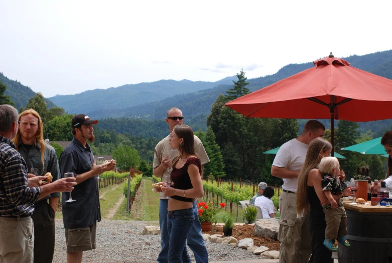 people stand under umbrellas and talk with each other