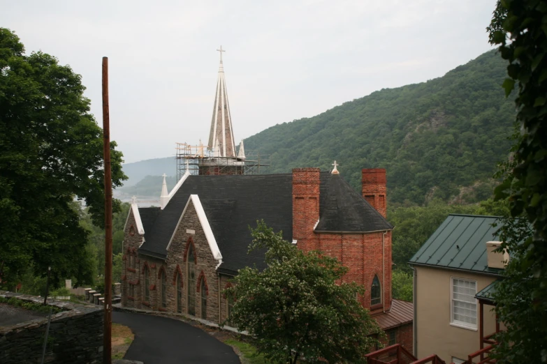 church spires with steeple and buildings on a hill