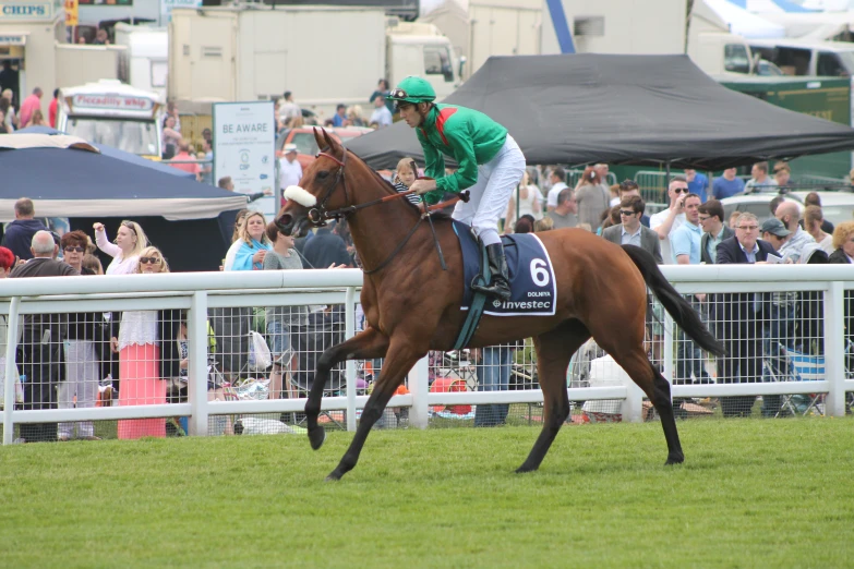 a jockey riding on the back of a brown horse