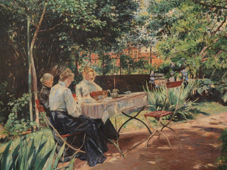 an oil painting of three people sitting at a table outdoors