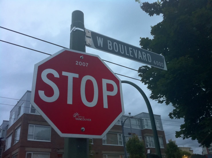 stop sign and street signs at the intersection of boulevard ave and west boulevard