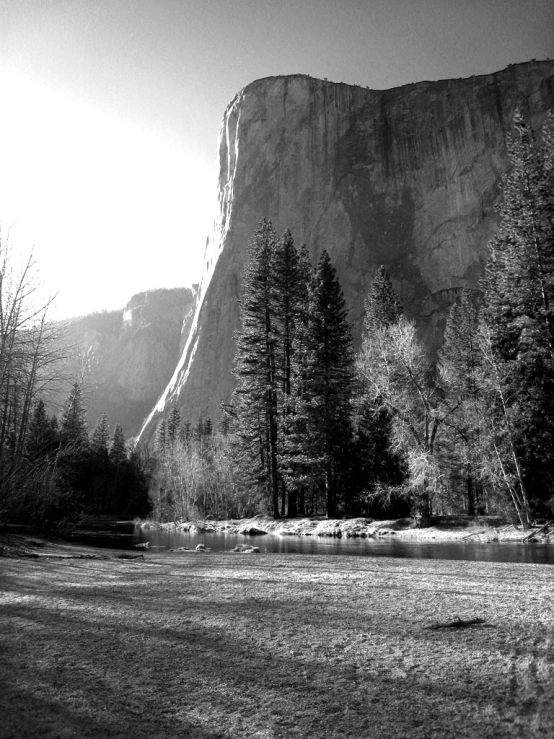 some trees water and a mountain and clouds