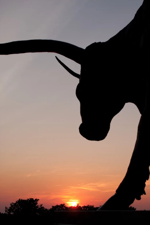 a statue of a bull with horns is in the distance