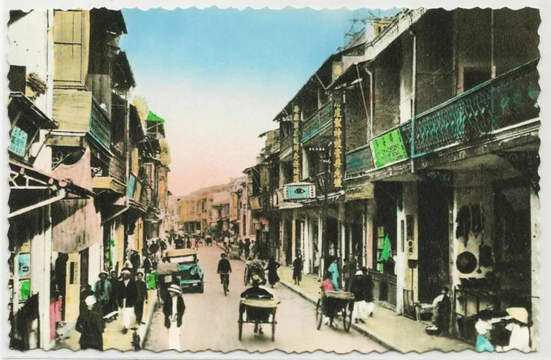 a drawing of a city street scene shows a horse drawn cart on the street