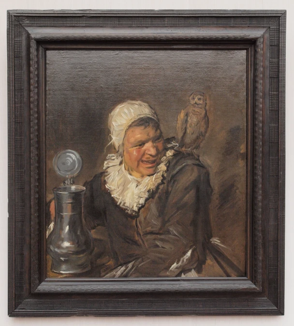 a painting of an old woman with a bird on her shoulder