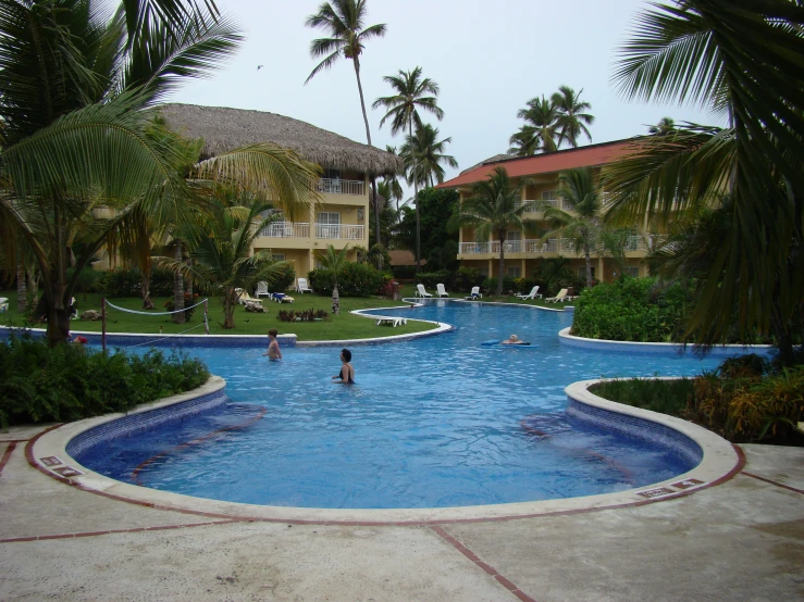 a pool surrounded by palm trees in front of a resort