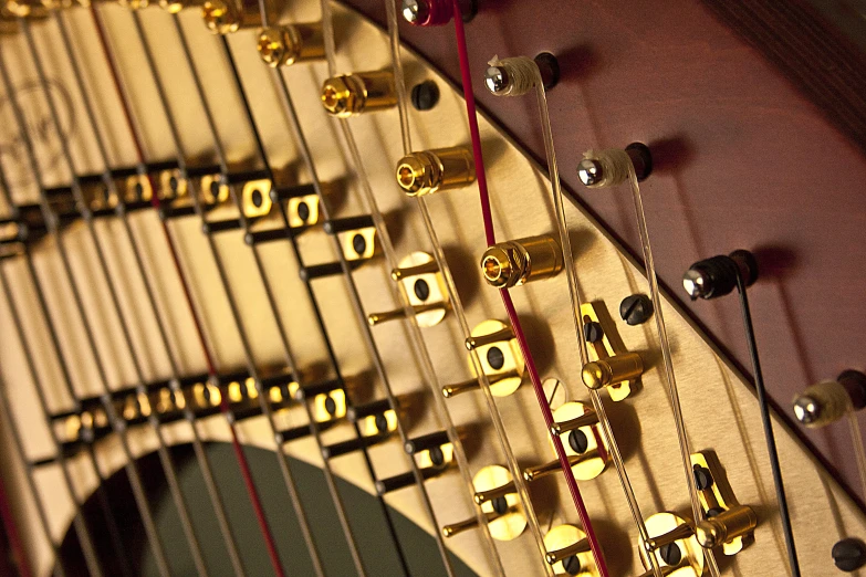 a long strings of an instrument hang near the neck and sides of another instrument