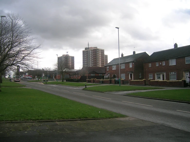 empty road through a grassy area in a residential neighborhood