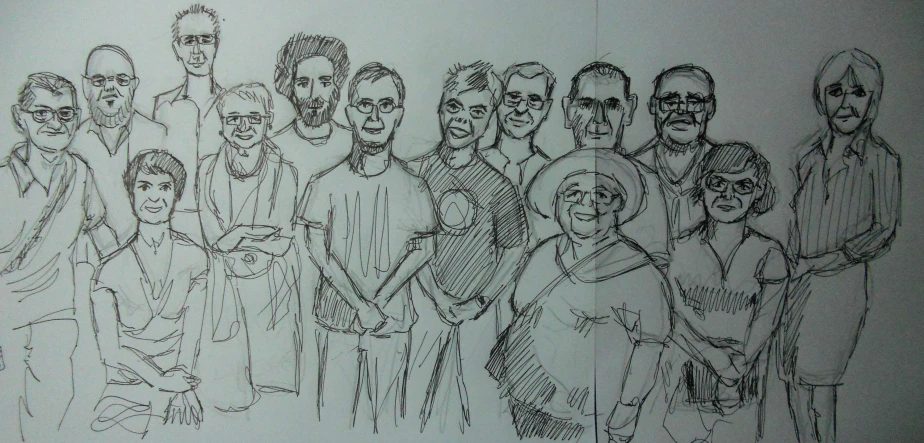 a drawing of a group of people standing