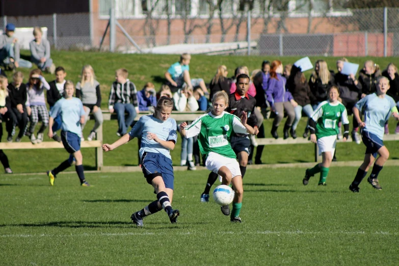 two opposing teams kick at the ball in a game